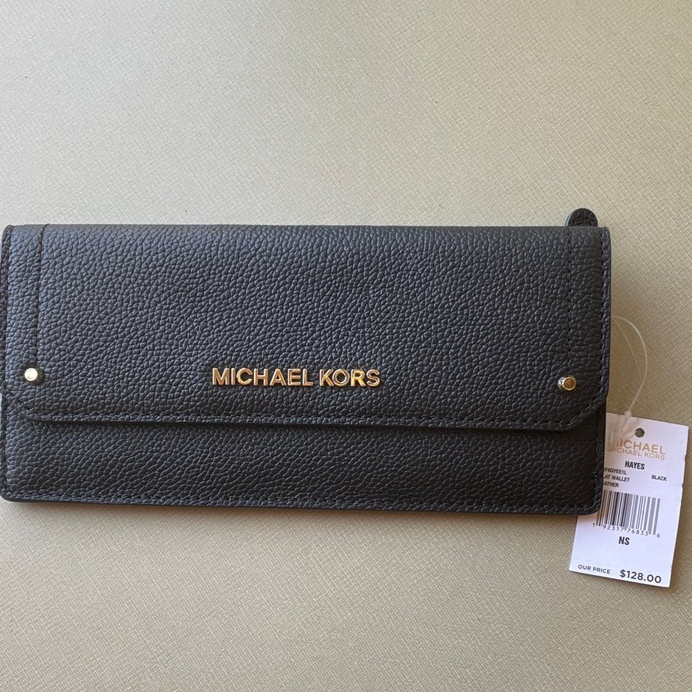 Michael Kors Black Pebbled Leather Slim Wallet with Gold Logo
